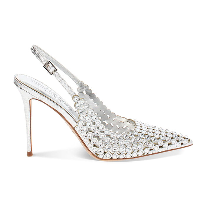 Décolleté slingback donna argento con pietre, tacco 10 cm