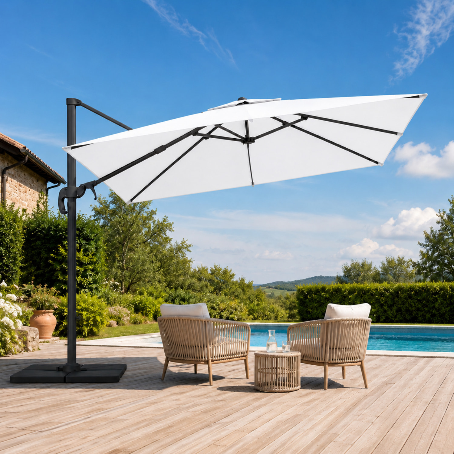 Ombrellone 3x3 M Giardino Braccio Retrattile Esterni Piscina Gazebo Terrazze Bar Hotel Acciaio Inox Rotabile 360° Telo 180g Impermeabile Anti UV Panna