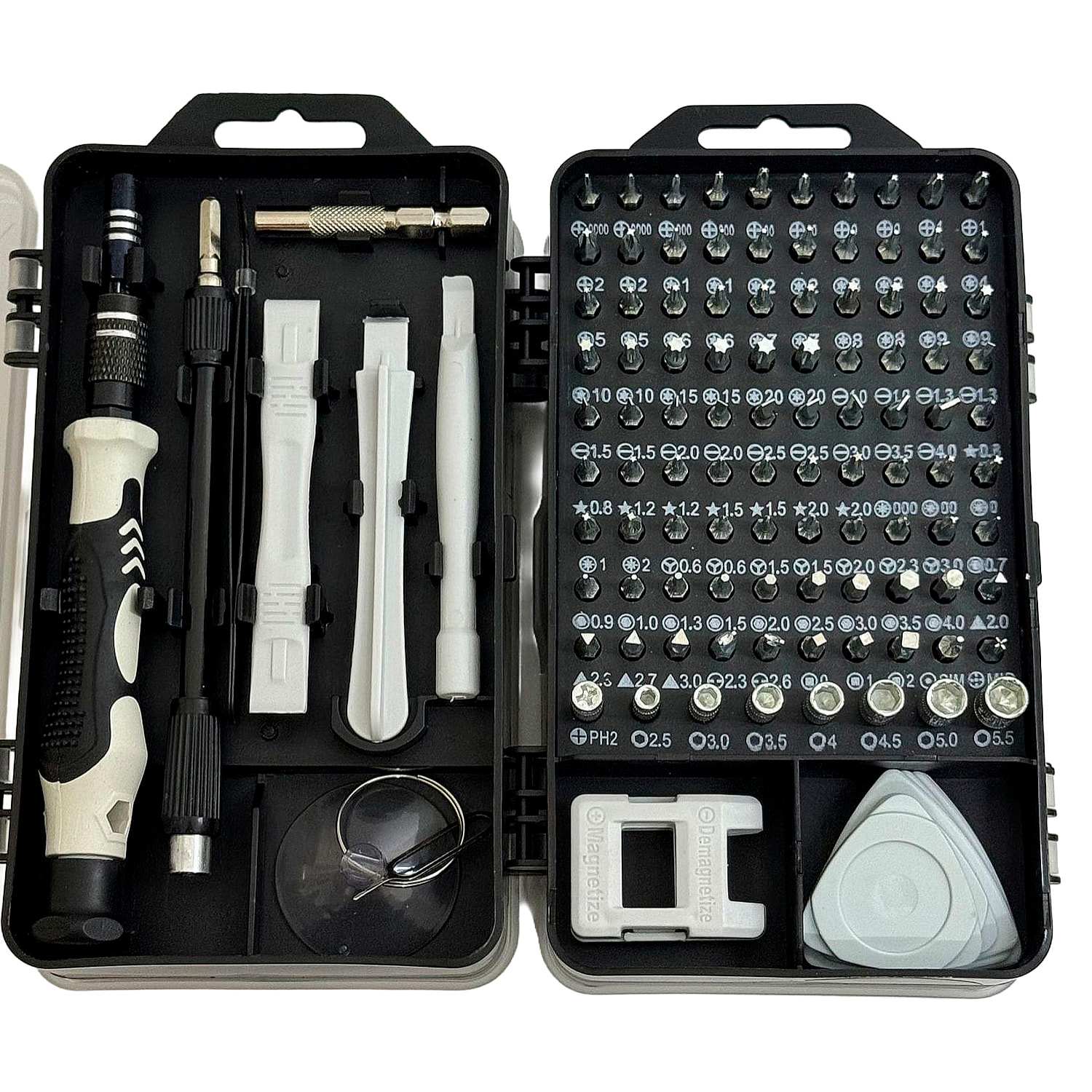 Kit de destornillador multifunción portátil 115 en 1 con eje flexible, barra de crecimiento, pinza y 98 puntas.