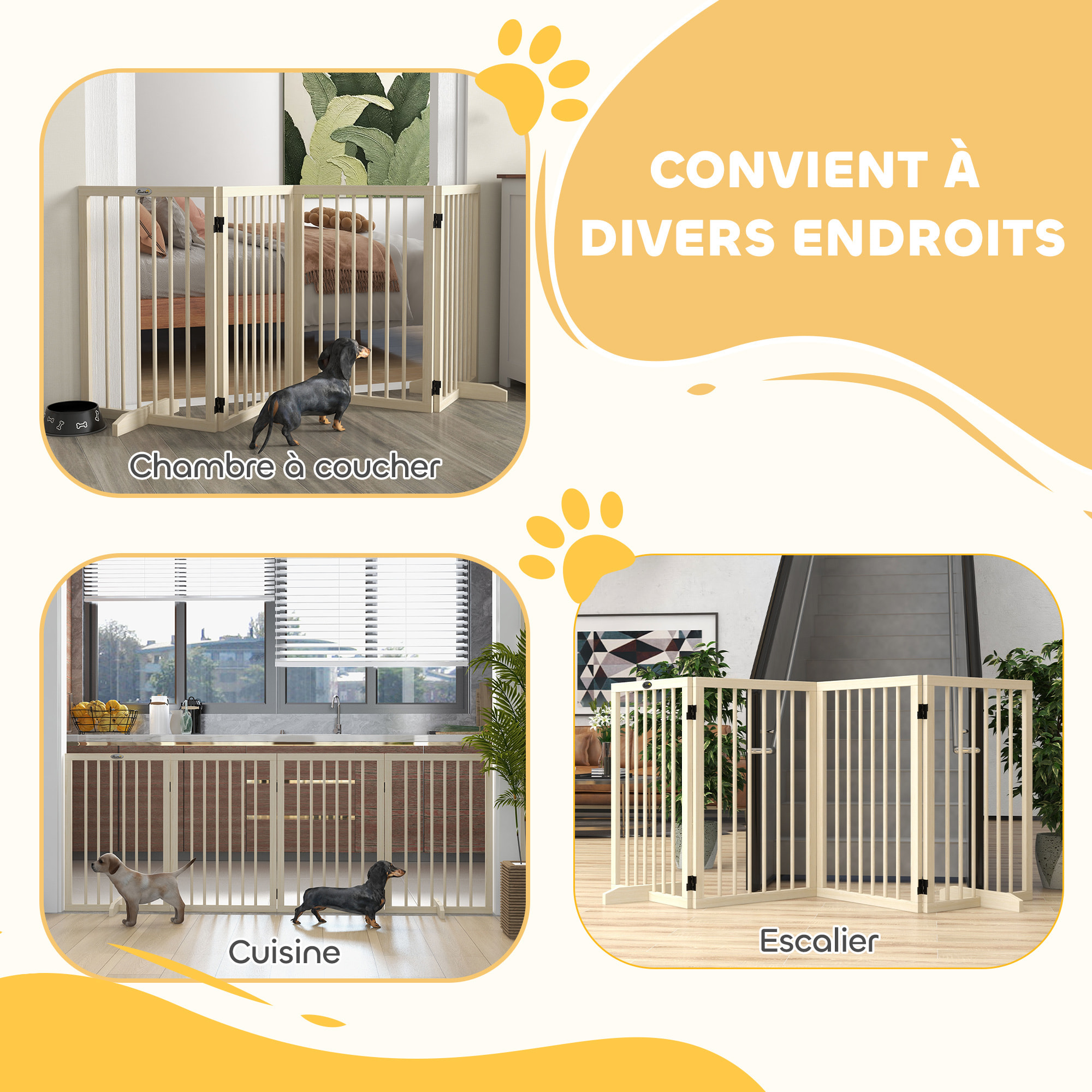 Barrière de sécurité chien 4 panneaux modulable autoportante dim. max. 206L x 35l x 76H cm bois clair