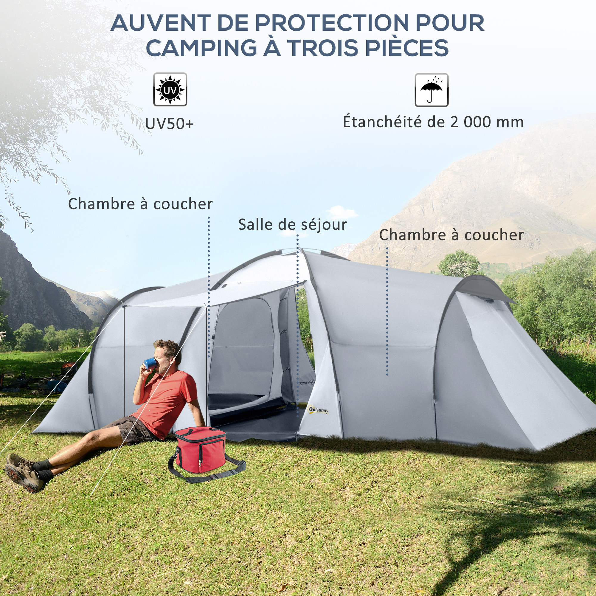 Tente de camping familiale 4-6 personnes 2 cabines 2 portes auvent 5,9L x 2,45l x 1,93H m rouge gris