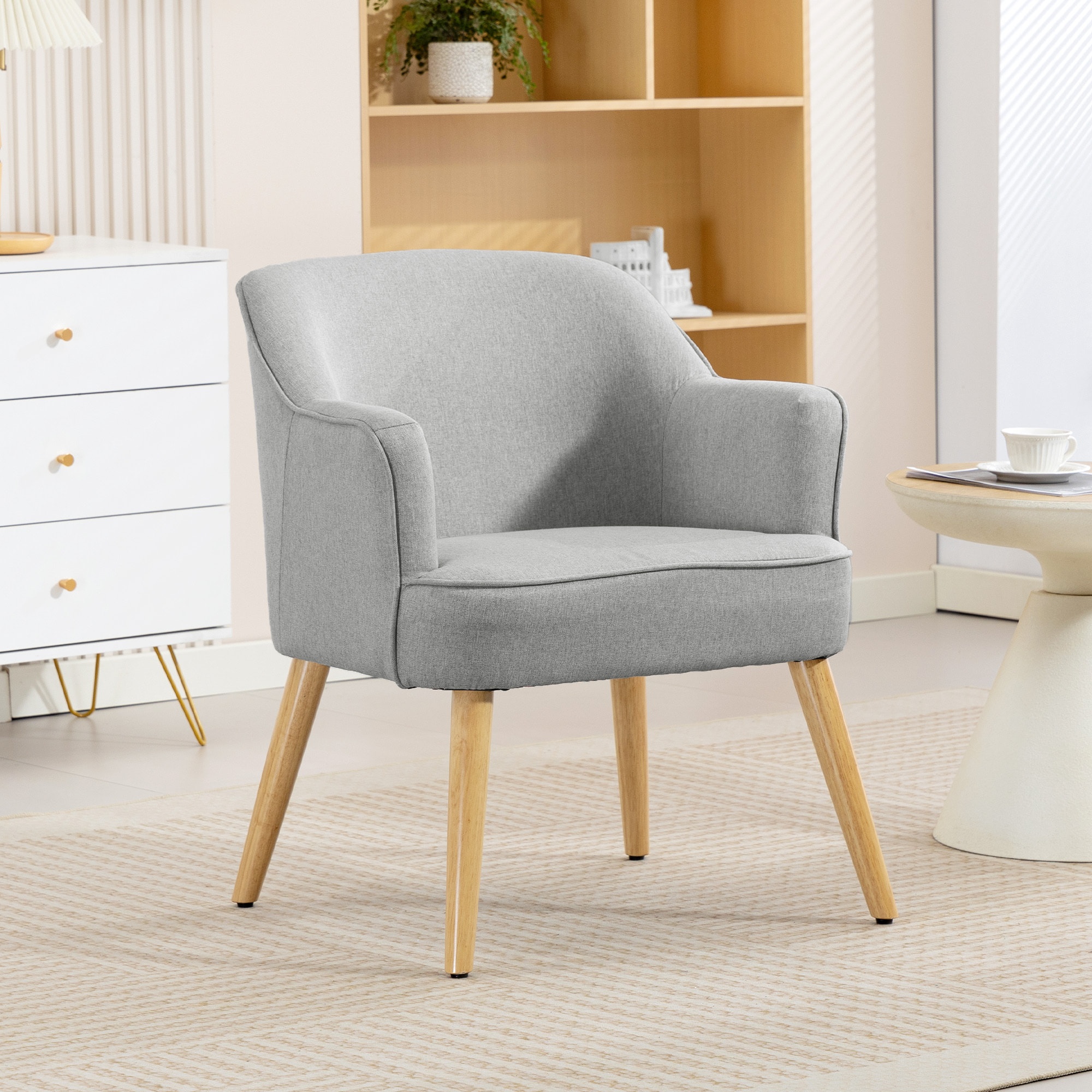 Butaca de Salón Moderna, Sillón Lectura Tapizado en Lino con Patas de Madera, Reposabrazos Acolchado Grueso y Almohadillas Ajustables para Dormitorio, Oficina, Estudio, Carga 120 kg, Gris Claro