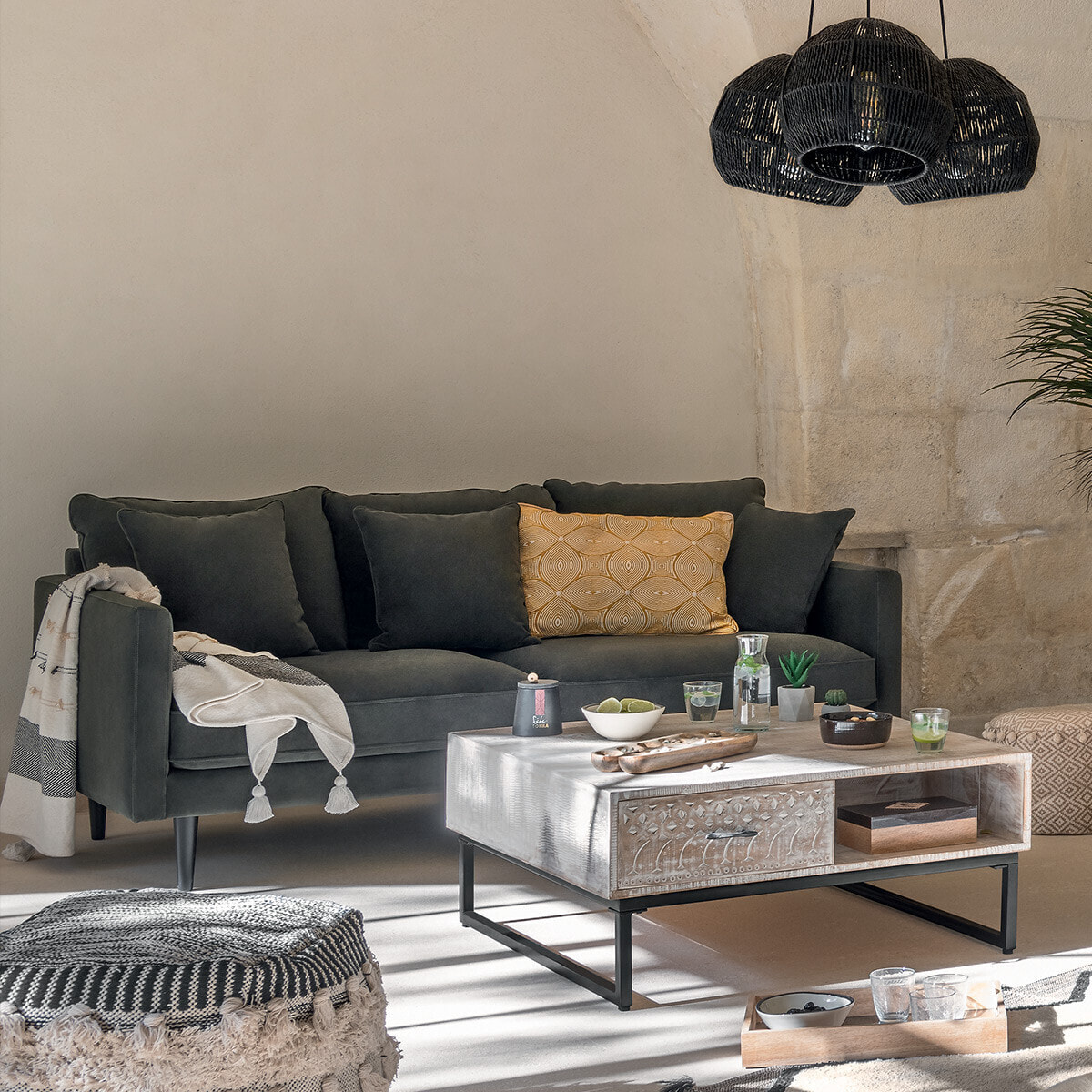 Canapé 3 places "Candice" - vert kaki - velours