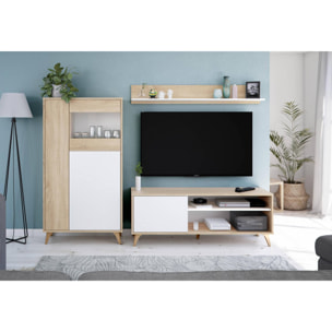 Vetrina Atlanta, Vetrinetta moderna a 3 ante, Credenza da soggiorno o salotto, Madia alta con ripiani, cm 77x33h142, Rovere e Bianco