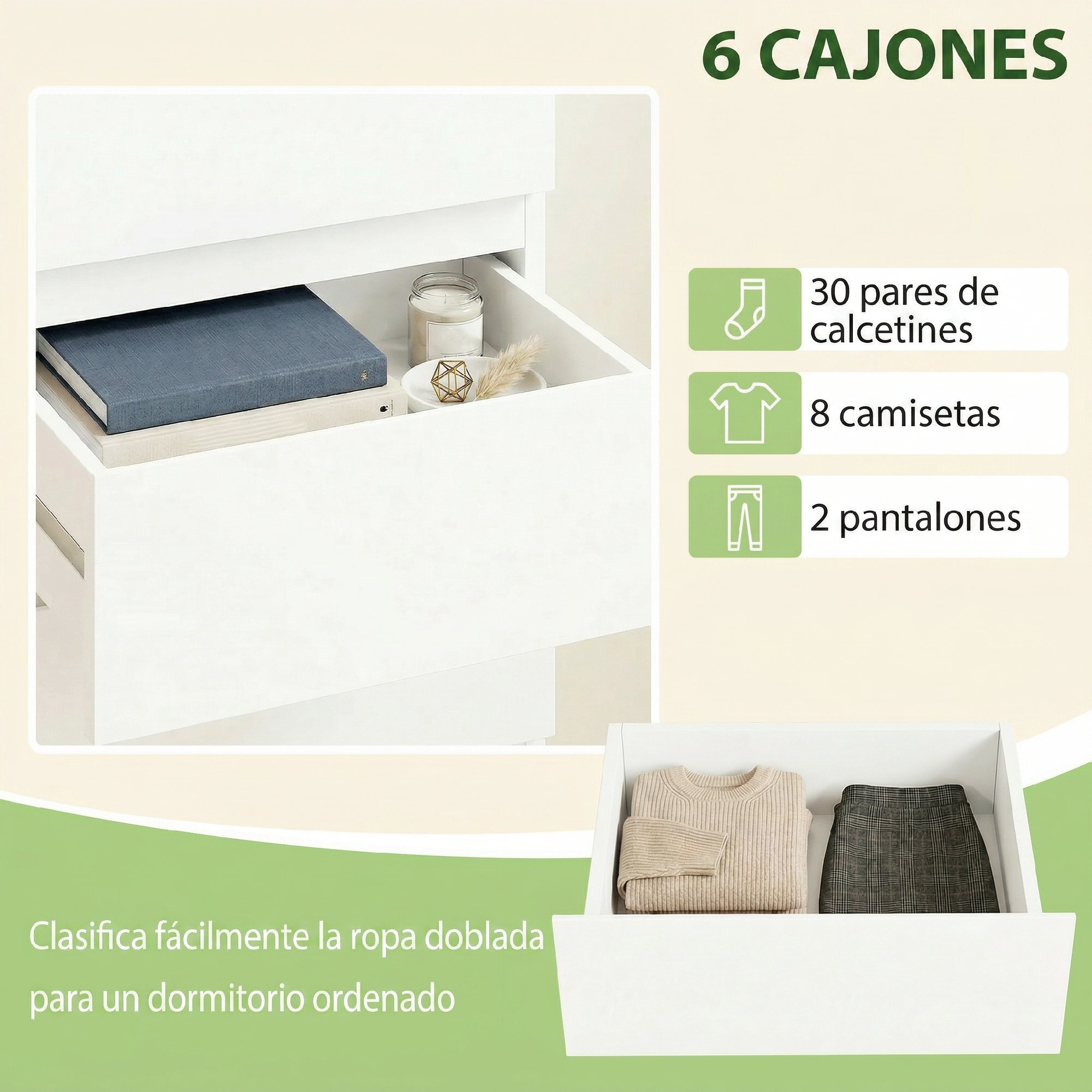 Cómoda 6 Cajones, Cómoda Dormitorio Estrecha de Blanco Brillo, Sinfonier, Ahorro Espacio, Cajonera para Sala de Estar, Comedor, Entrada, 40x35x109 cm