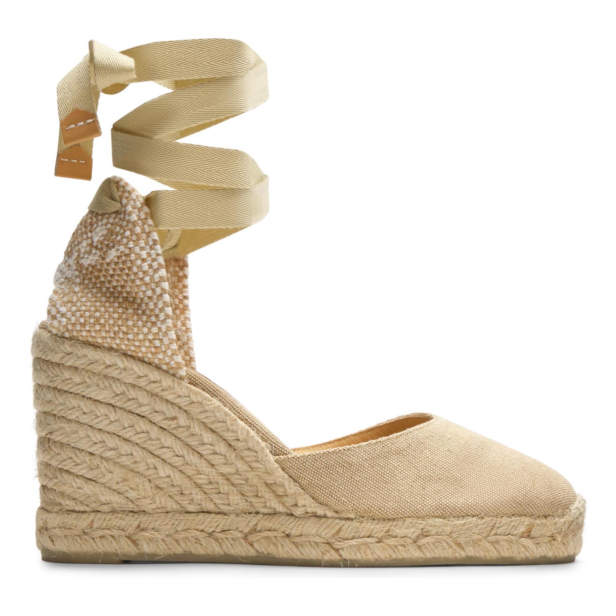 Alpargatas de cuña de mujer Carina en algodón orgánico acabado lavado, cierre mediante lazada