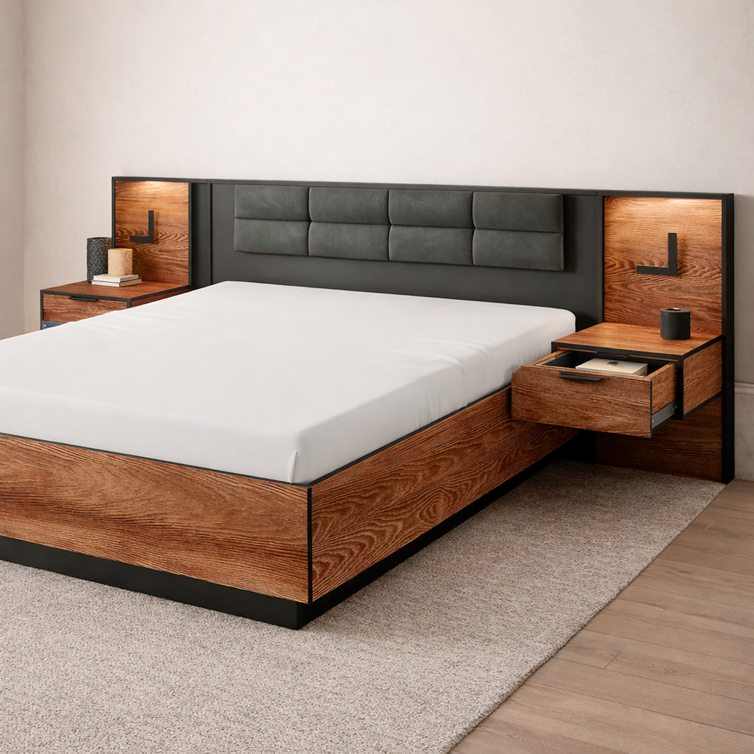 Set 2 Comodini Moderni Con LED E Cassetto Design Salvaspazio Per Camera Da Letto Illuminazione Integrata 102 x 58 x 39.6 Cm Castagno E Antracite