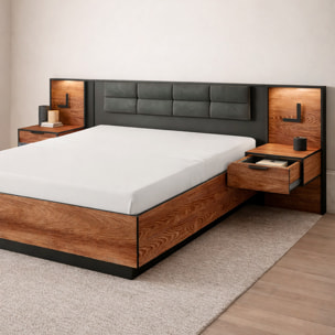 Set 2 Comodini Moderni Con LED E Cassetto Design Salvaspazio Per Camera Da Letto Illuminazione Integrata 102 x 58 x 39.6 Cm Castagno E Antracite