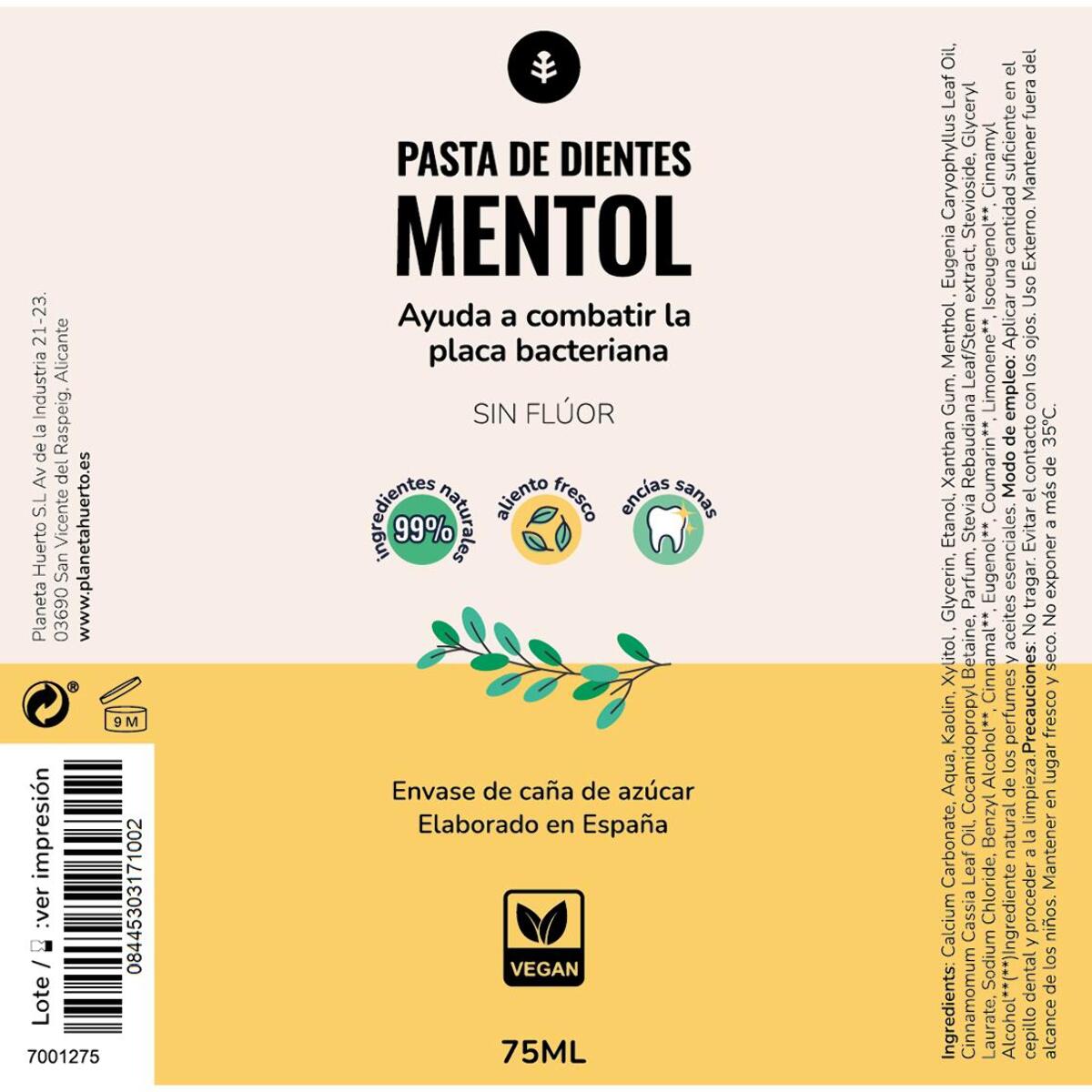 PLANETA HUERTO Pasta de Dientes Sin Flúor Mentol 75ml – Fórmula Natural con Menta, Protección y Cuidado Bucal Diario