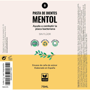 PLANETA HUERTO Pasta de Dientes Sin Flúor Mentol 75ml – Fórmula Natural con Menta, Protección y Cuidado Bucal Diario