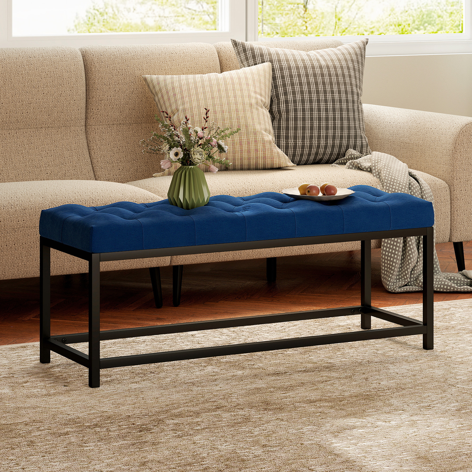 Banco Pie de Cama, Tapizado en Terciopelo, Banqueta para Dormitorio, Diseño Capitoné, Base de Metal, Banco para Dormitorio, Entrada, Salón, Recibidor, Azul Oscuro