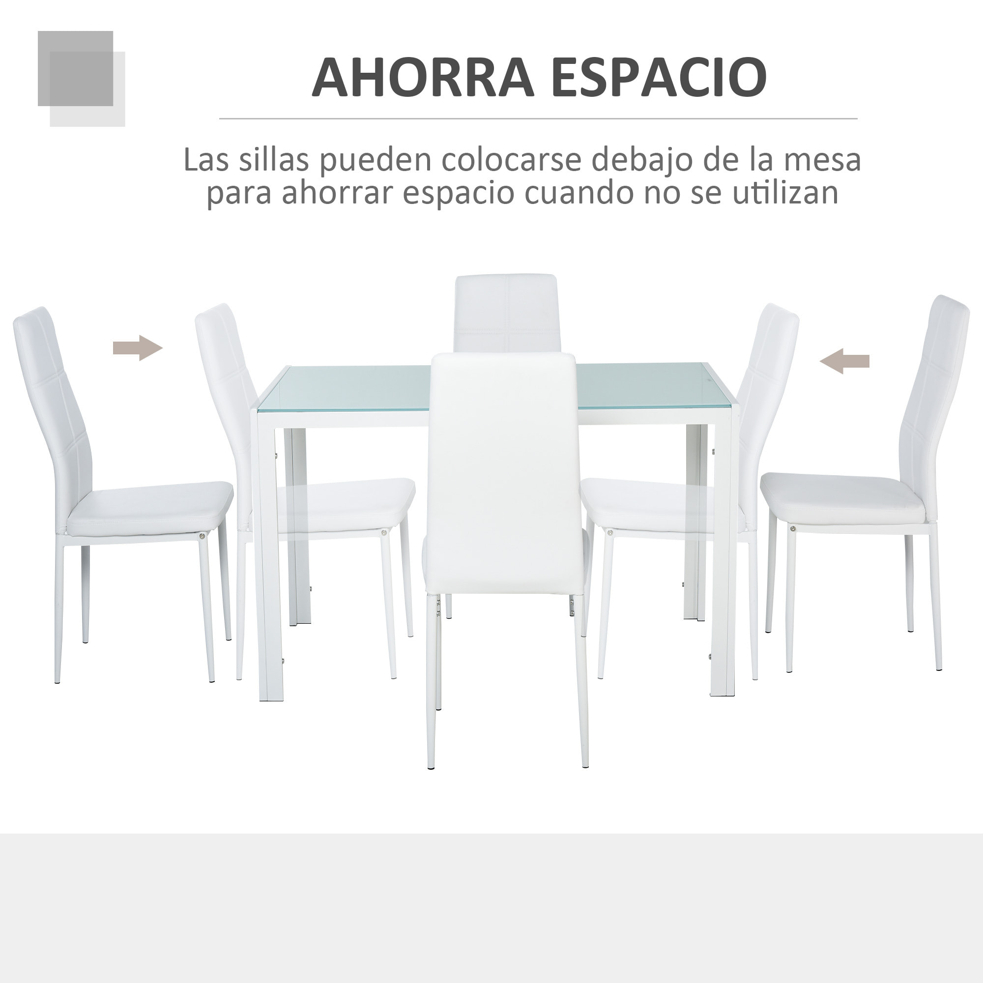 Conjunto de Comedor Mesa y 4 Sillas 5 Piezas Juego de Mueble de Cocina Mesa Rectangular de Vidrio Templado y Sillas Tapizadas en PU con Patas de Metal Blanco