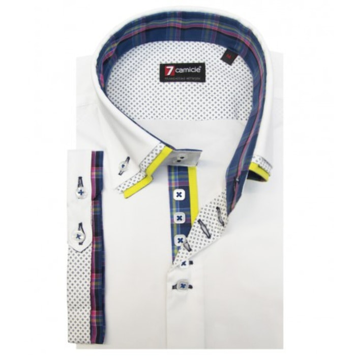 Camicia Uomo 2 Bottoni Button Down Triplo Collo Slim Popeline Stretch Unito Bianco