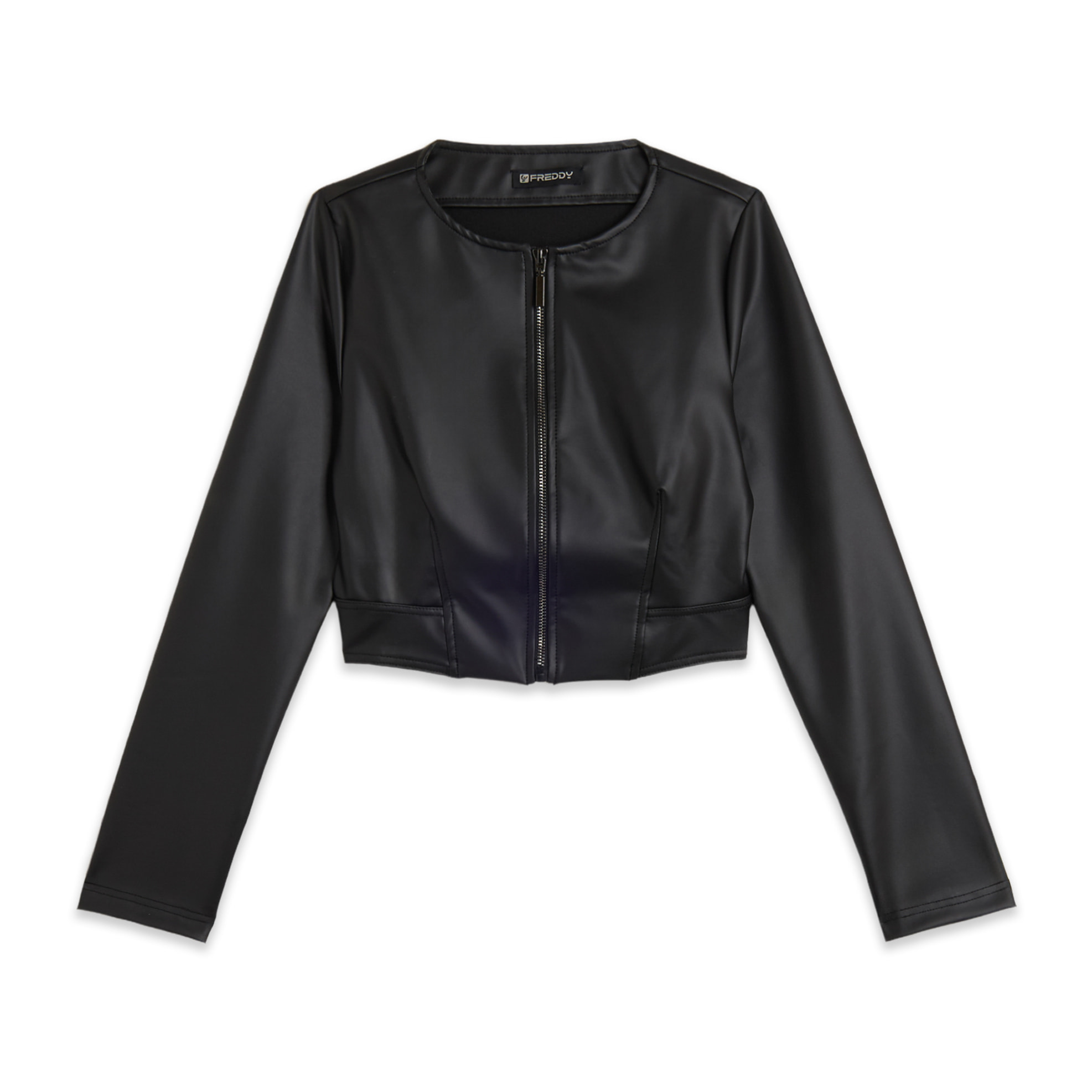 Giacca cropped in similpelle con zip in metallo