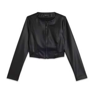 Giacca cropped in similpelle con zip in metallo