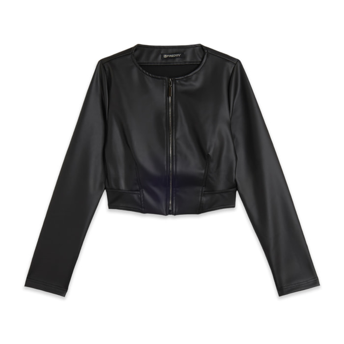 Giacca cropped in similpelle con zip in metallo