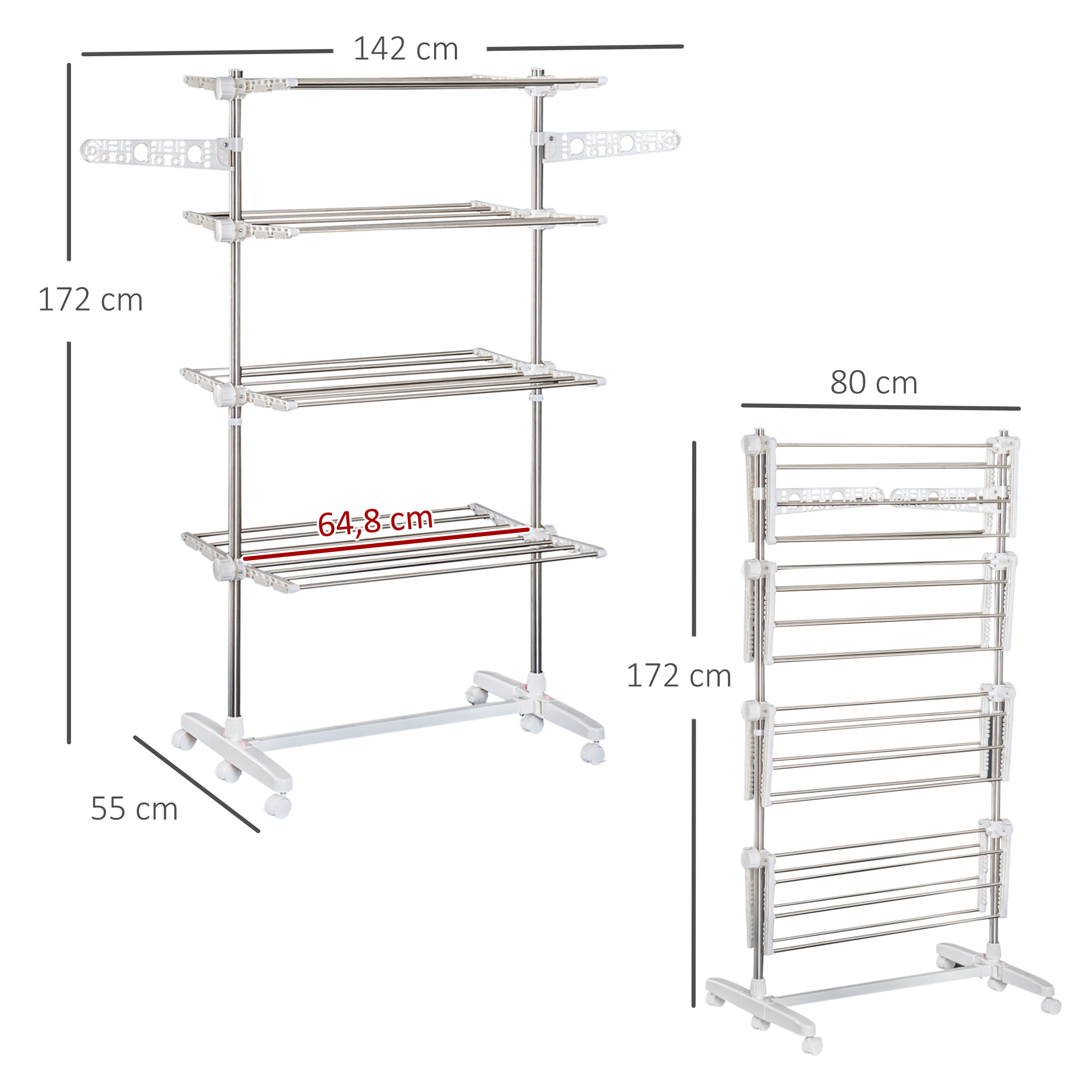 Tendedero Plegable 6 Ruedas 3 y 4 Niveles Estantes Tubo Acero Inox Tendero Ropa