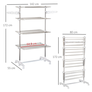 Tendedero Plegable 6 Ruedas 3 y 4 Niveles Estantes Tubo Acero Inox Tendero Ropa