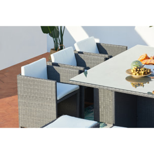 Table et chaises 10 places encastrables résine gris-blanc REGINA