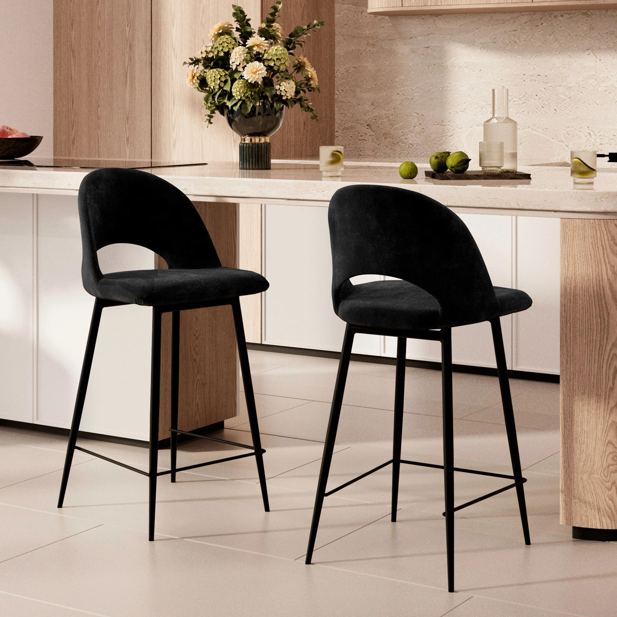 Pack 2 chaises et 2 chaises de bar 65 cm en velours noir - Pénélope