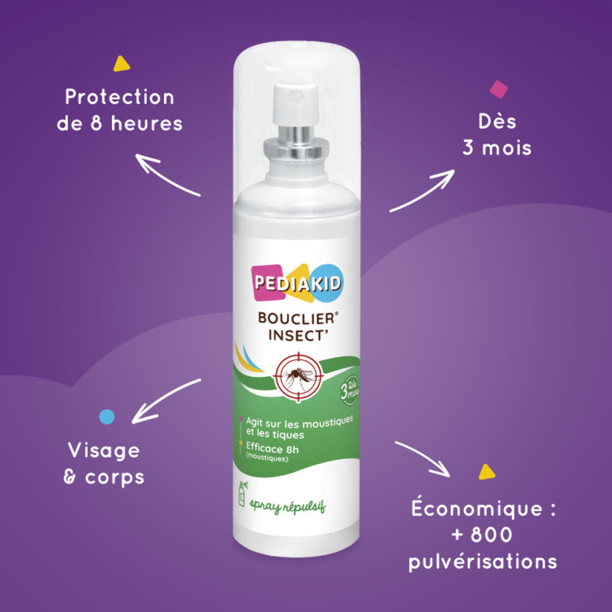 PEDIAKID - Bouclier Insect'- Spray Répulsif aux Huiles Essentielles - Contre les moustiques, tiques et guêpes - Dès 3 mois - Lot de 2 Flacons 100ml
