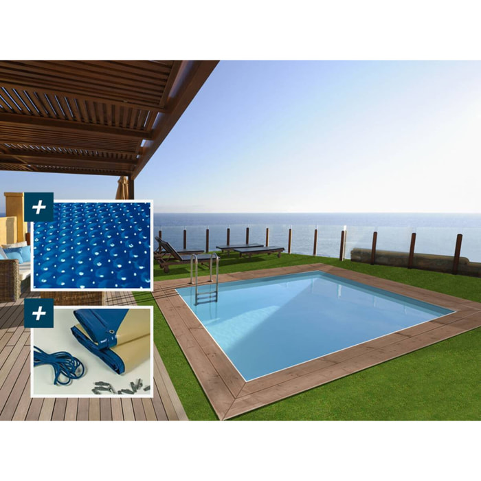 Piscine bois rectangle " Caimans 120  " - 4.10 x 3.00 x 1.24  m + Bâche à bulles 180 µ - Bâche hiver 280 g/m²