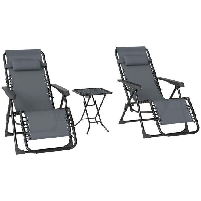 Set de 2 Tumbonas Jardín Exterior Plegables con Mesa Auxiliar Portavasos Tumbonas de Gravedad Cero con Respaldo Ajustable Reposabrazos Extraíble para Patio Piscina Terraza Exterior Gris