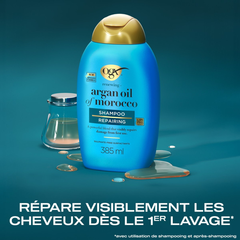 OGX Shampooing Réparateur Huile d'Argan du Maroc, 385ml – Soin capillaire pour cheveux secs et abîmés – Shampoing sans sulfate