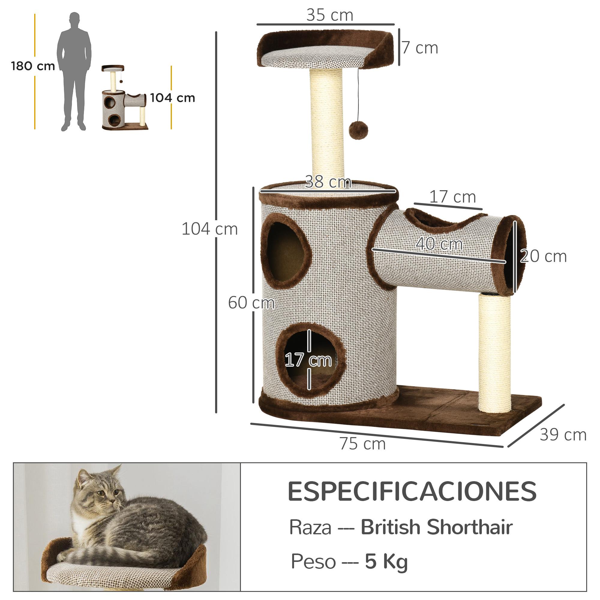 Árbol Rascador para Gatos Mediano Altura 104 cm Torre Escalador de Gato con Barril Rascador Cama Superior Túnel Postes de Sisal y Bola Colgante 75x39x104 cm Marrón