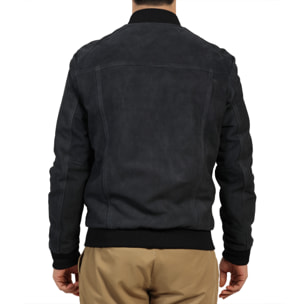 Giubbino in vera pelle di vitello scamosciata Blu-Slim Fit