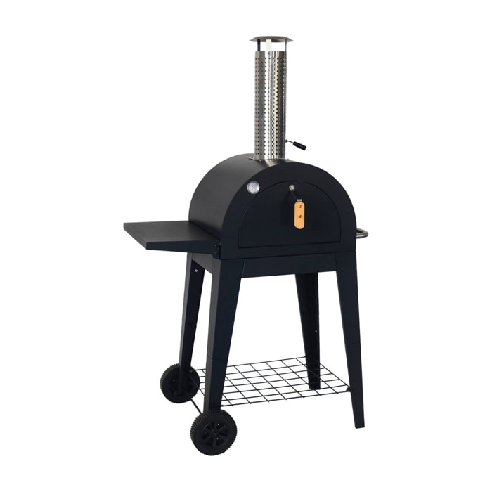 Four à pizza d'extérieur au charbon de bois. coloris noir - Giulia - pierre de cuisson roulette pelle et housse. L70xP63xH122cm