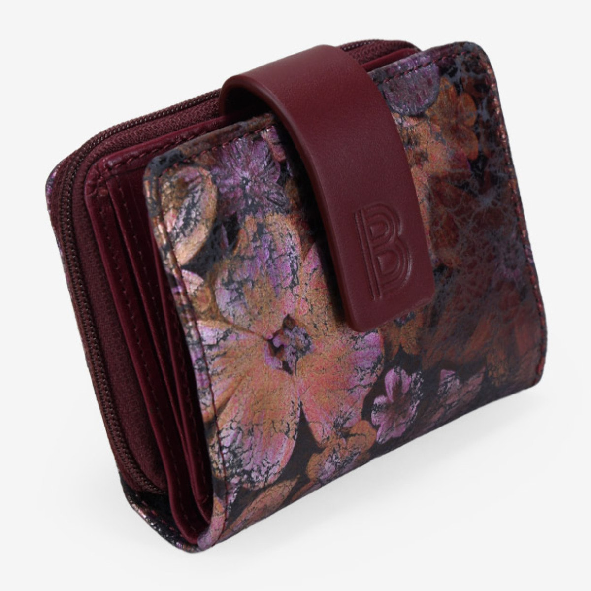 Billetero burdeos en piel con estampado floral
