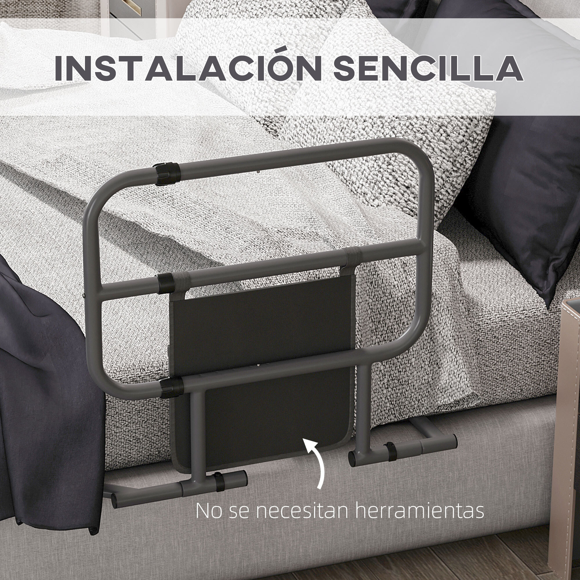 Barandilla de Cama Adulto Asidero para la Cama Plegable Barrera de Cama con Bolsillo de Almacenamiento para Discapacitados y Personas Mayores 61x66x55 cm Gris y Negro