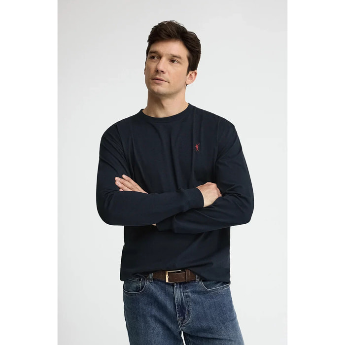 Maglietta blu marino a maniche lunghe, fit dritto con ricamo Rigby Go