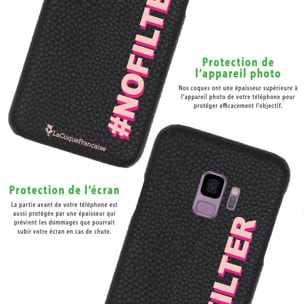 Coque Samsung Galaxy S9 effet cuir grainé noir No Filter rose et fushia Design La Coque Francaise