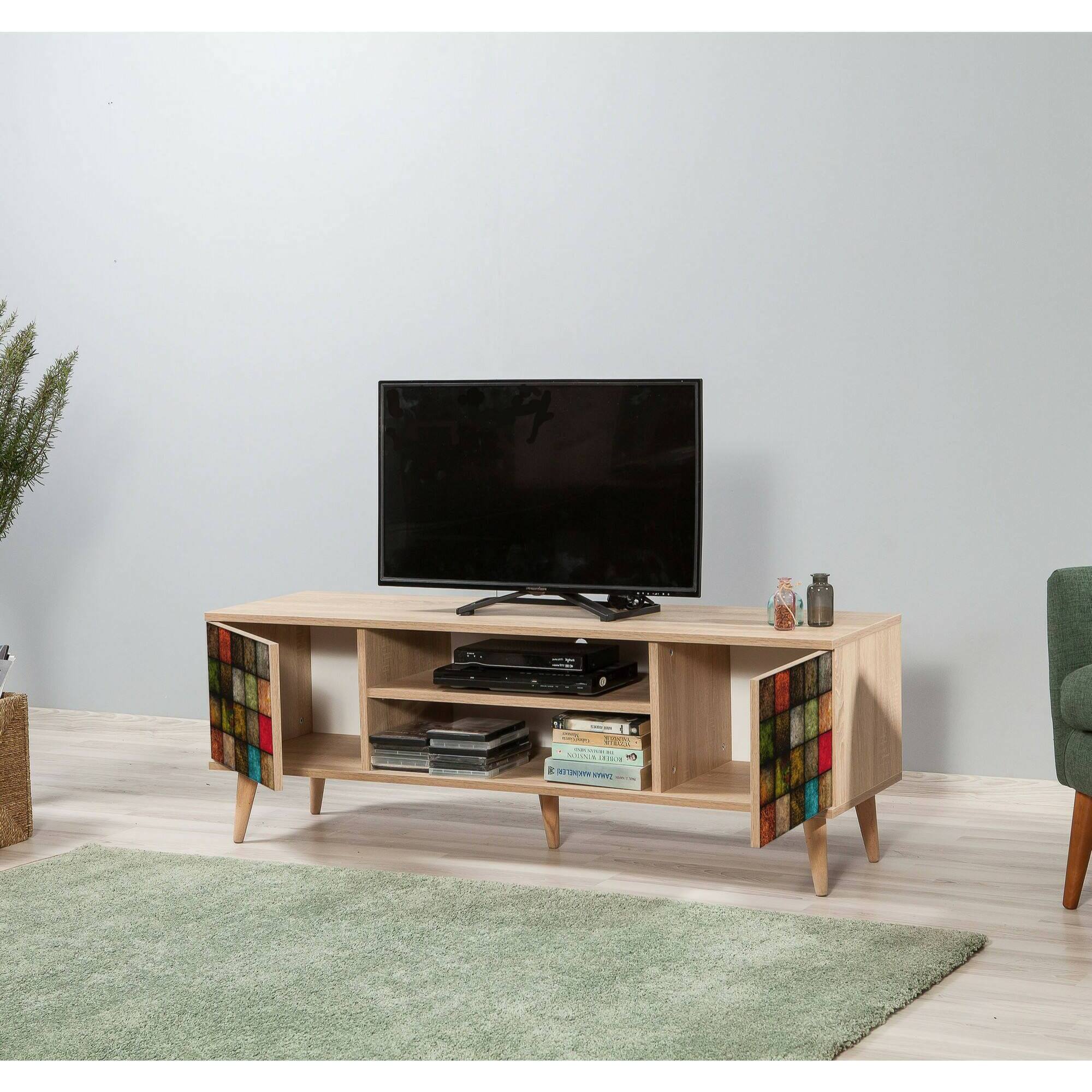 Mobile porta TV Dfantacc, Credenza da soggiorno, Armadio basso per TV, Base parete attrezzata, 140x40h50 cm, Quercia e Multicolore