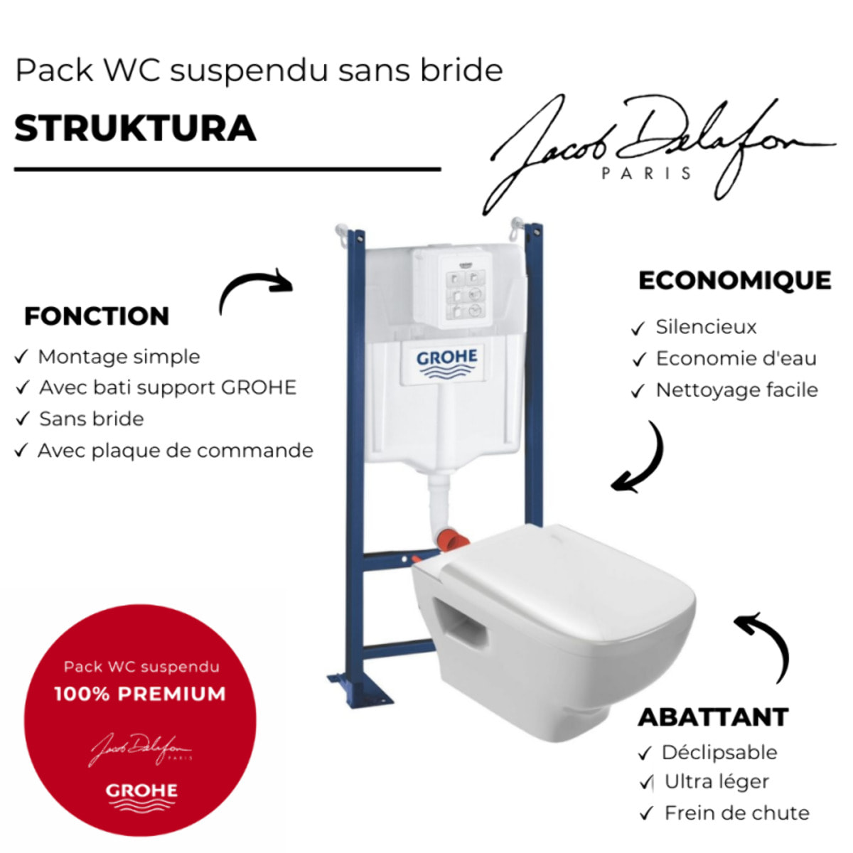 WC suspendu sans bride Jacob Delafon Struktura + abattant + Bâti support + Sail Plaque de commande WC rond blanc