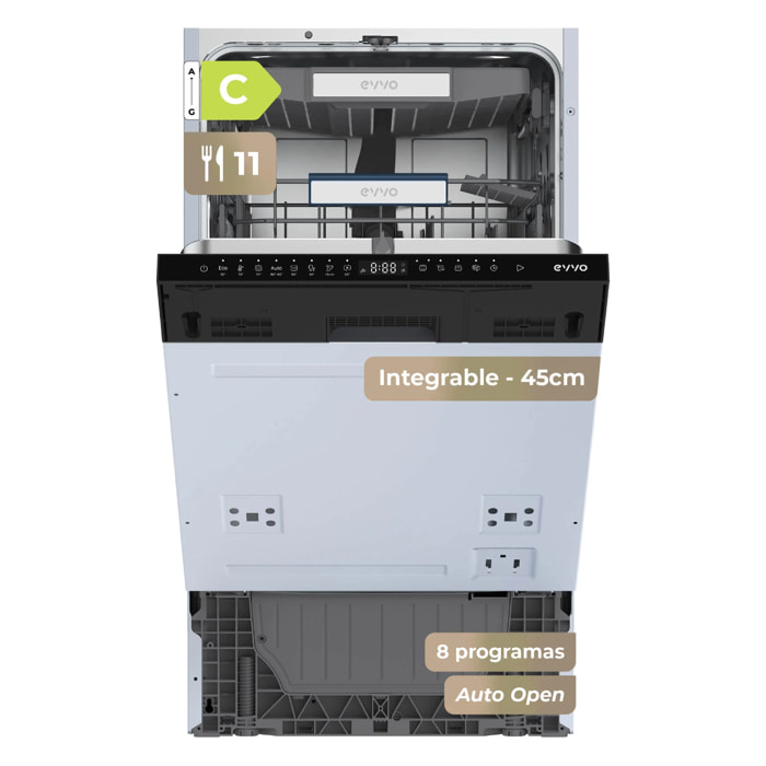 EVVO Di.4 Slim Lavavajillas Integrable 45cm Panelable 11 Cubiertos 8 Programas
