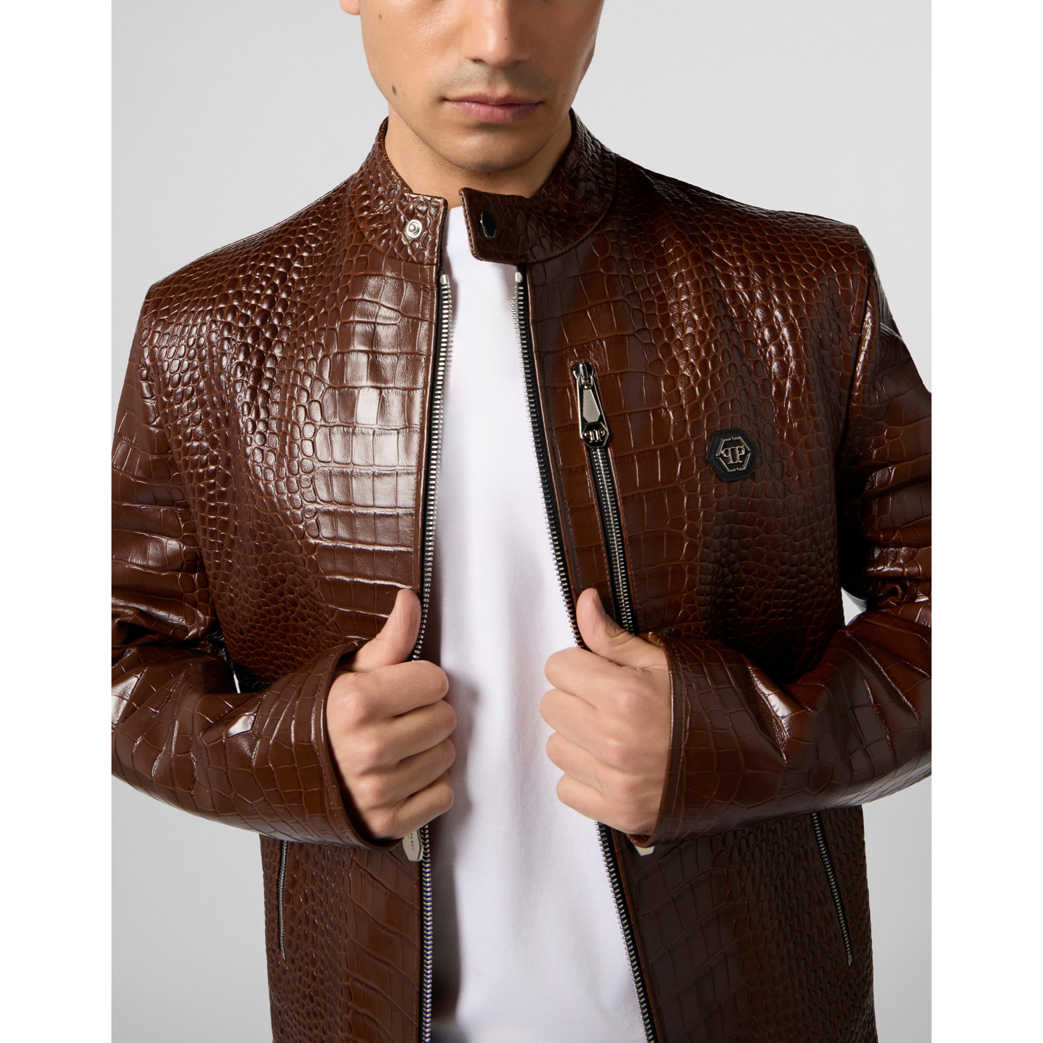 PHILIPP PLEIN Leather Moto Jacket Cocco