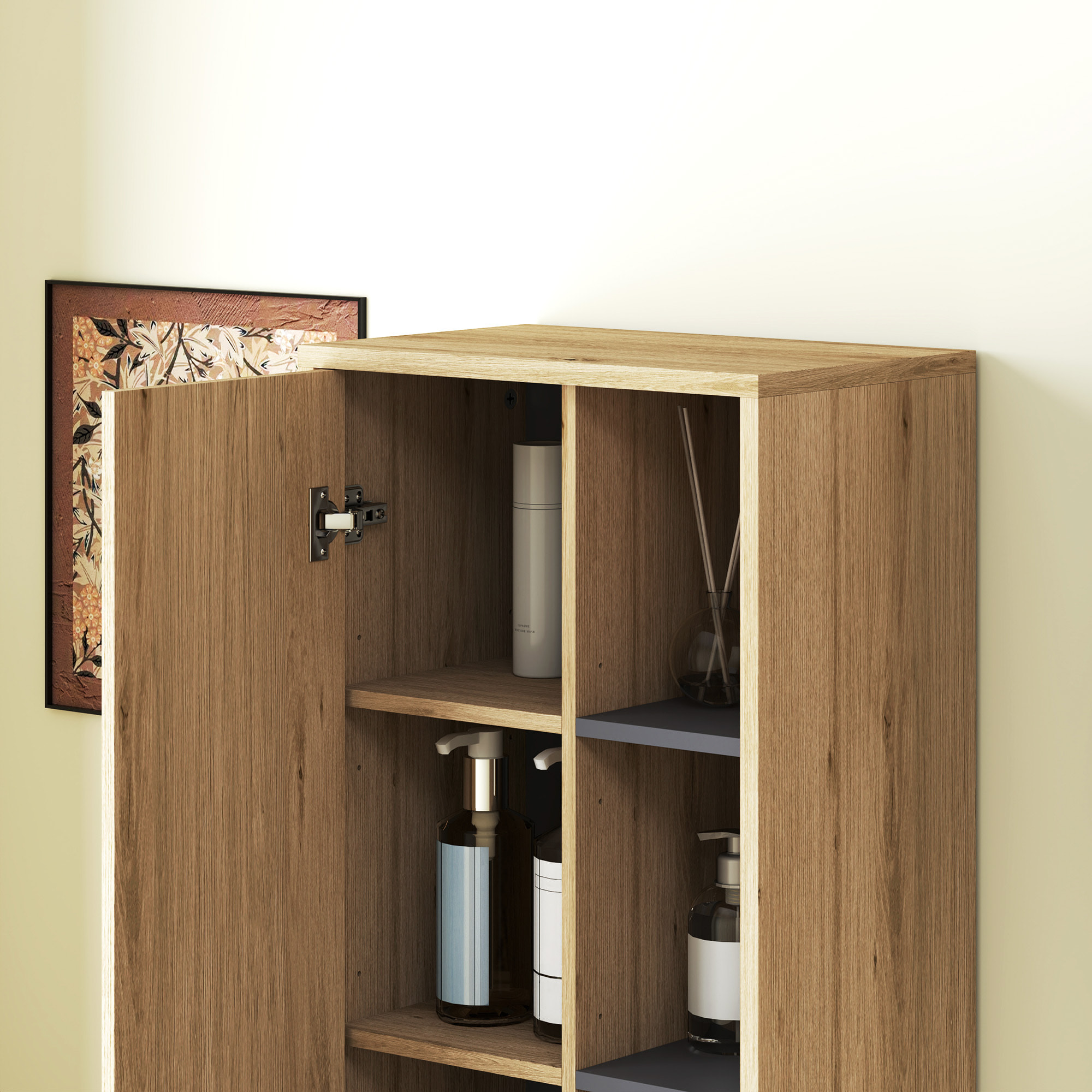 Columna de Baño de Pared Armario de Baño con Compartimentos Abiertos y 2 Puertas Mueble de Baño Moderno 40x24x141,5 cm Natural