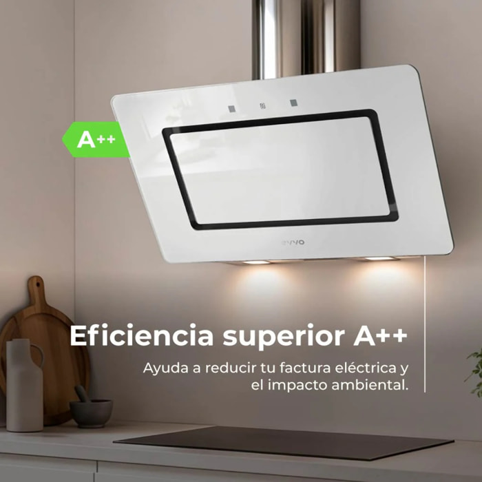 EVVO Campana extractora 60 cm decorativa CE43 White, 800 m³/h, táctil y gestual, filtro aluminio y carbón, eficiencia A++