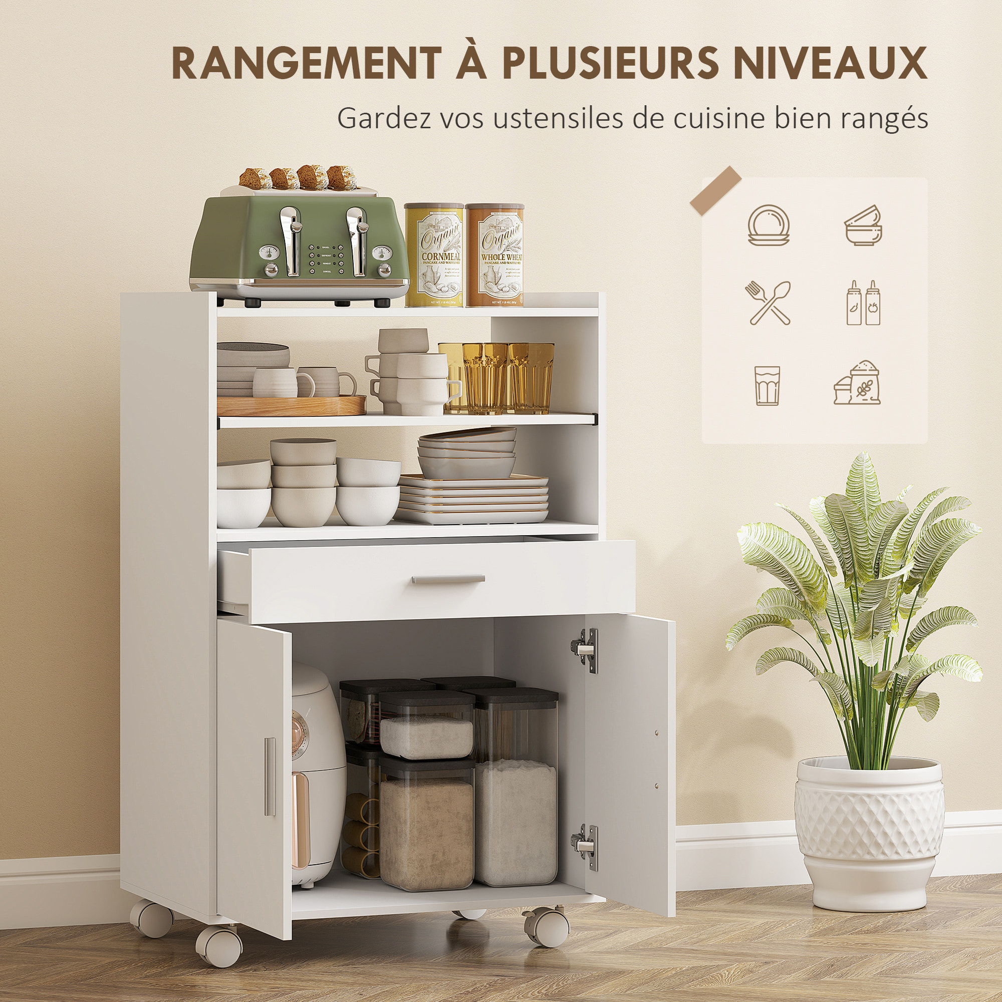 Chariot desserte de cuisine - meuble micro-ondes multi-rangement - dim. 59 x 40 x 92 cm - blanc