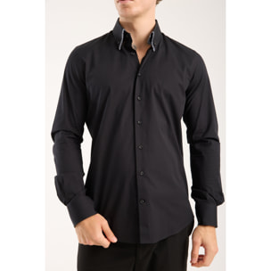 Camicia Uomo 2 Bottoni Button Down Doppio Coll Popeline Stretch Unito Nero
