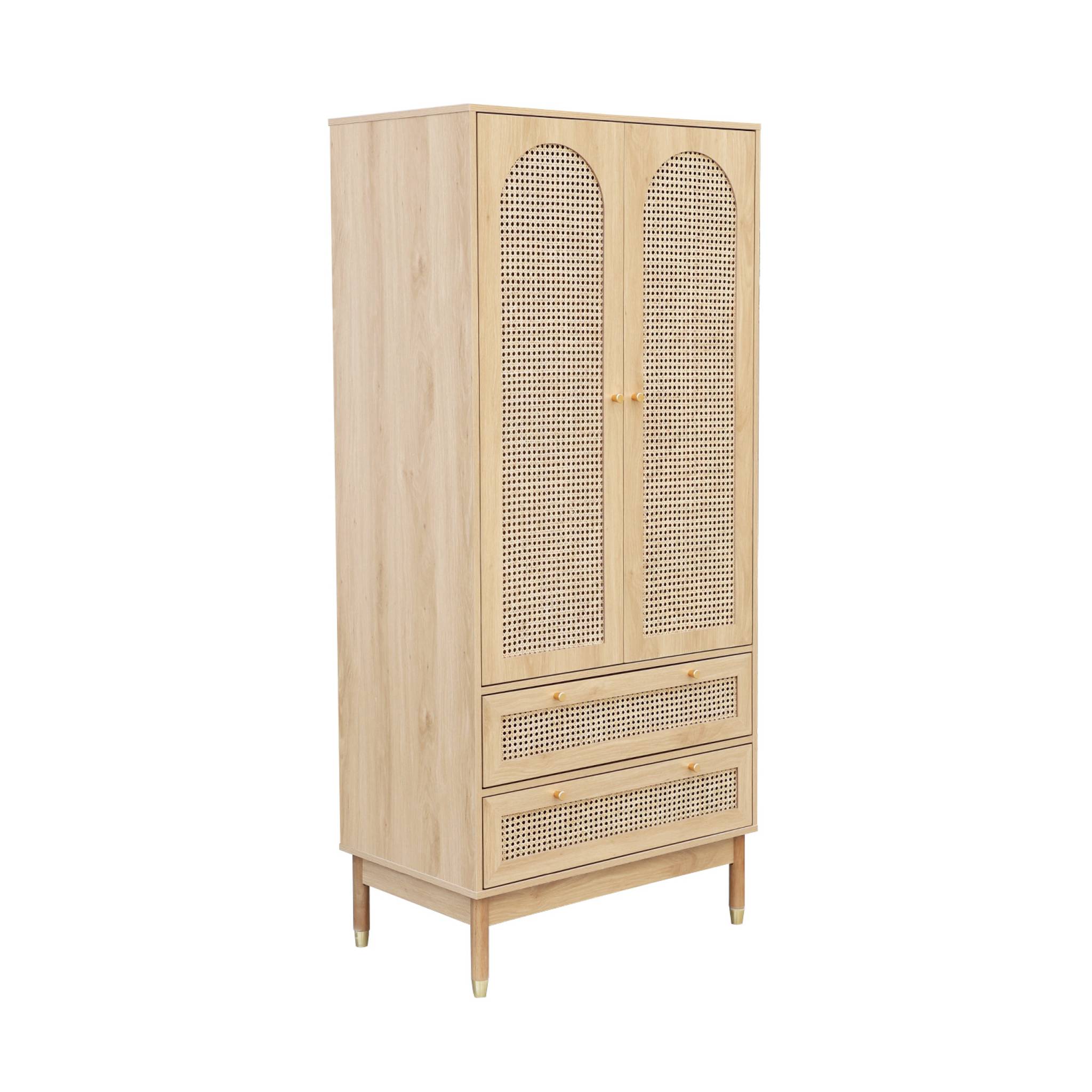 Dressing penderie JUDITH 2 portes 2 tiroirs cannage. poignées et pieds finition dorée. 80 x 50 x 180 cm