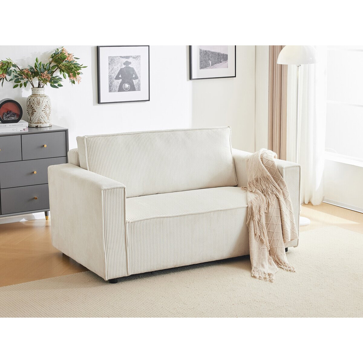 Canapé droit convertible en velours côtelé "Grenelle" - 2 places - Beige