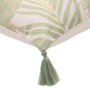 Coussin polycoton feuillages tropicaux métallisé à pompons - Vert