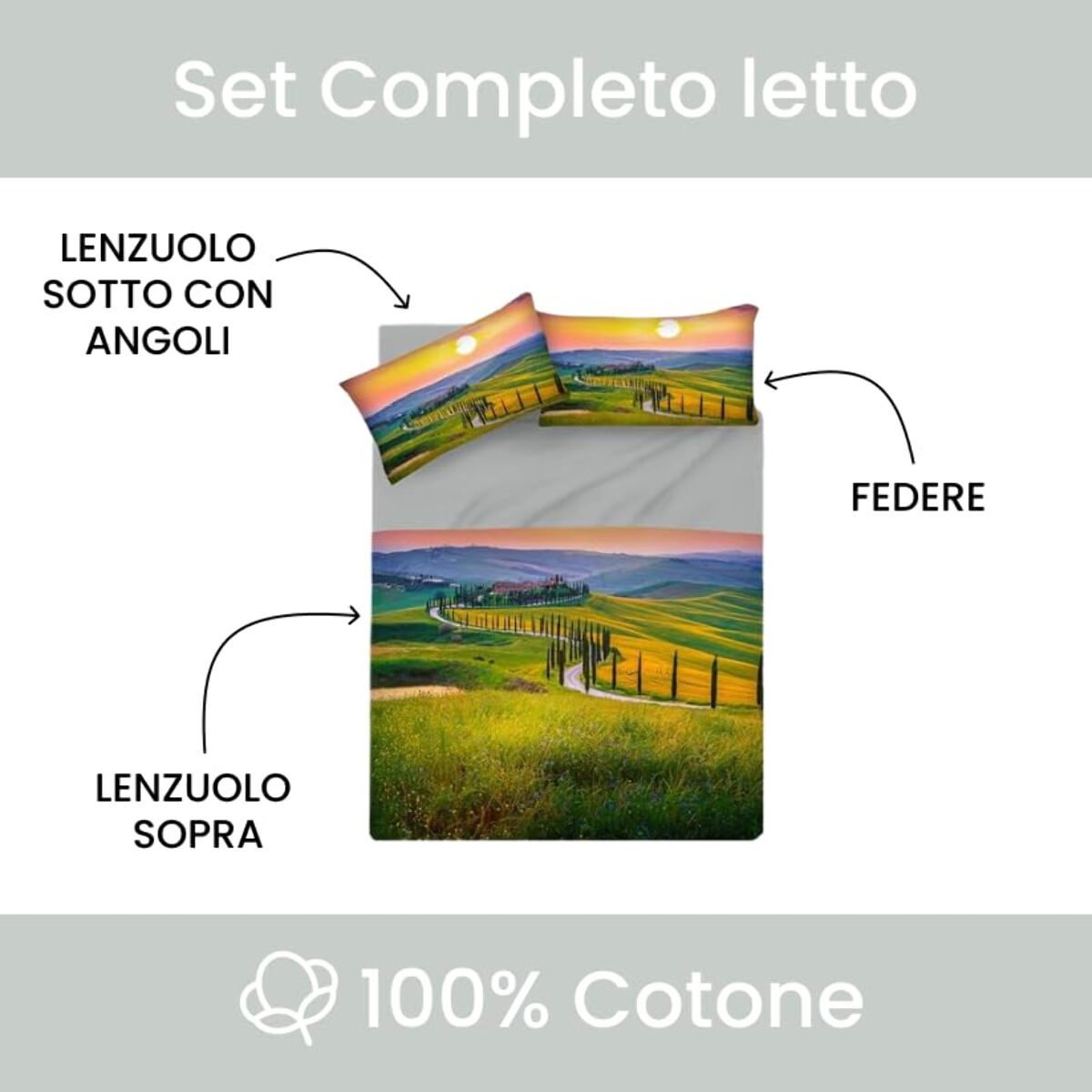 INTRECCI Set Lenzuola Matrimoniali in Cotone, Stampa Alta Qualità, Lenzuolo Sotto + Lenzuolo Sopra + 2 Federe, Comfort, Morbidezza, per Pelli Sensibili, non Stringe in Lavatrice. Fantasia: Tuscany