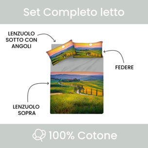 INTRECCI Set Lenzuola Matrimoniali in Cotone, Stampa Alta Qualità, Lenzuolo Sotto + Lenzuolo Sopra + 2 Federe, Comfort, Morbidezza, per Pelli Sensibili, non Stringe in Lavatrice. Fantasia: Tuscany