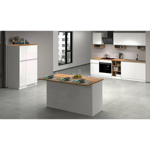 Isola da cucina Dcarnelo, Tavolo ausiliario portaoggetti, Mobile da cucina a 3 ante, 100% Made in Italy, 155x90h90 cm, Bianco lucido e Rovere