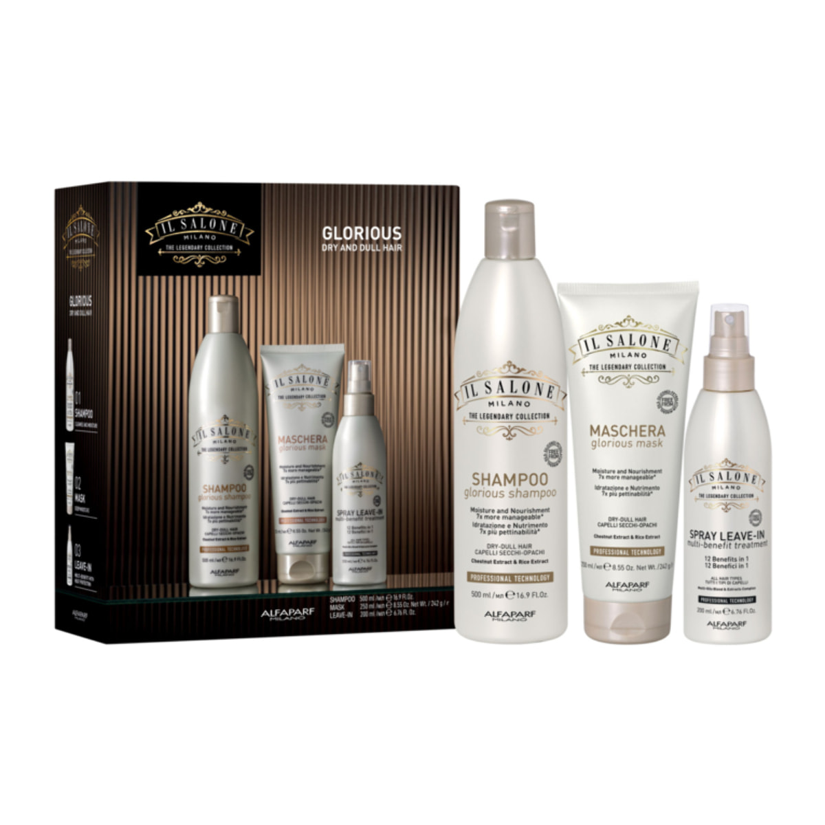 ALFAPARF MILANO Set Il Salone Glorious Shampoo 500ml + Mask 250ml + Spray Leave In 200ml
